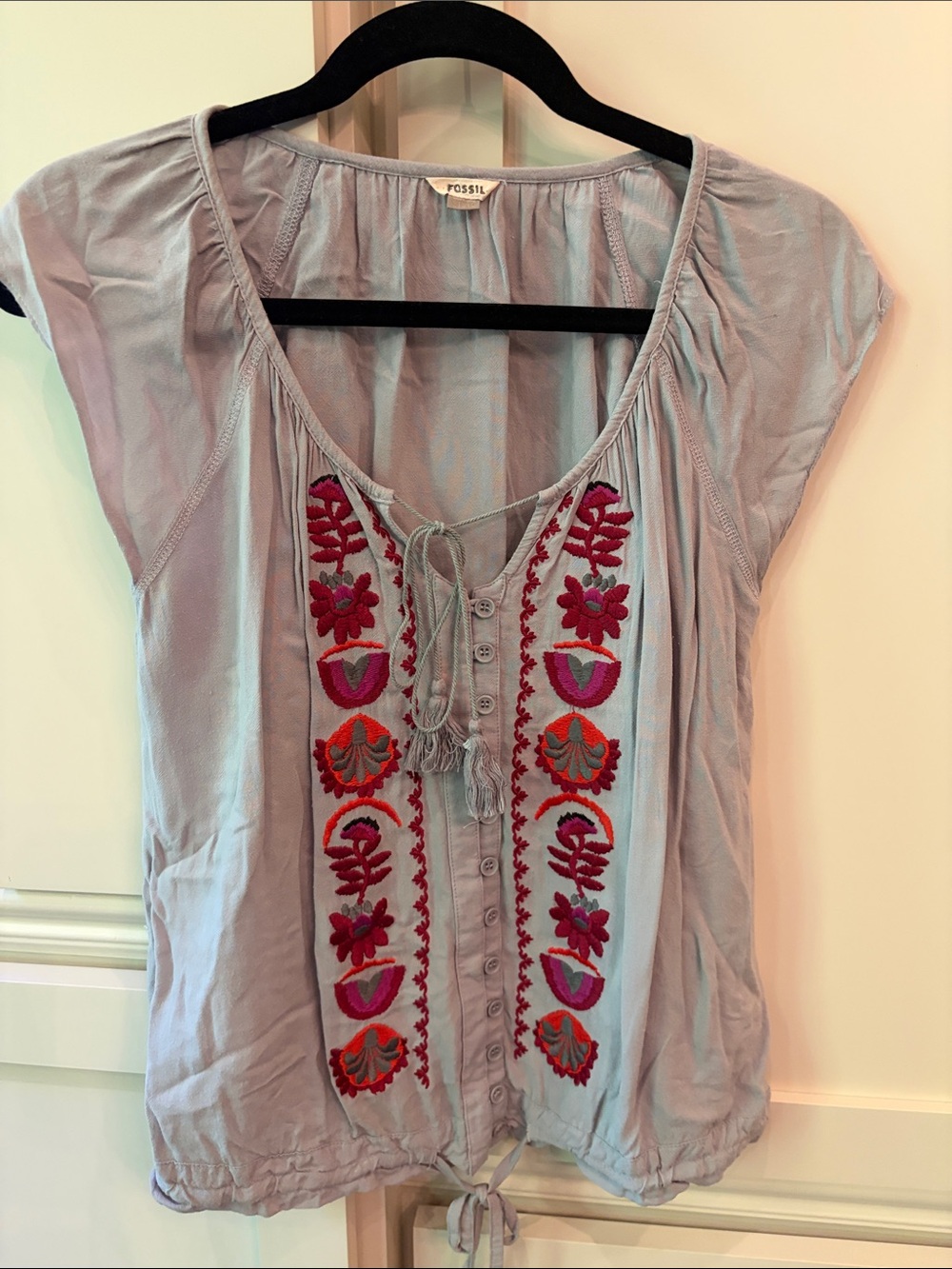 Fossil Pale Blue Embroidered Tie-Front Peasant Blouse
